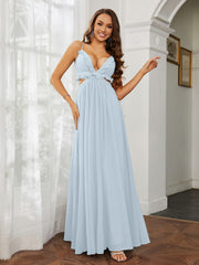 Spaghetti Strap Ruffled Chiffon Cutout Maxi Sexy Dress Mist