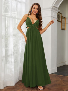 Spaghetti Strap Ruffled Chiffon Cutout Maxi Sexy Dress Moss