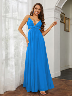 Spaghetti Strap Ruffled Chiffon Cutout Maxi Sexy Dress Ocean Blue