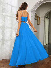 Spaghetti Strap Ruffled Chiffon Cutout Maxi Sexy Dress Ocean Blue