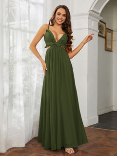 Spaghetti Strap Ruffled Chiffon Cutout Maxi Sexy Dress Olive Green