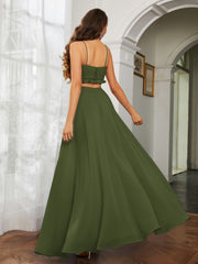 Spaghetti Strap Ruffled Chiffon Cutout Maxi Sexy Dress Olive Green