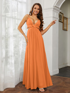 Spaghetti Strap Ruffled Chiffon Cutout Maxi Sexy Dress Orange