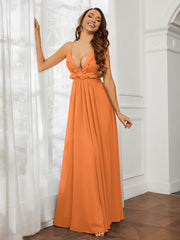 Spaghetti Strap Ruffled Chiffon Cutout Maxi Sexy Dress Orange