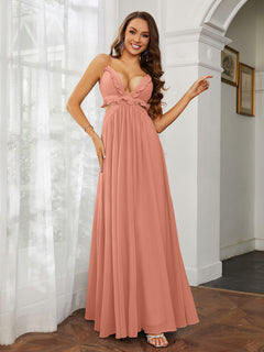 Spaghetti Strap Ruffled Chiffon Cutout Maxi Sexy Dress Papaya