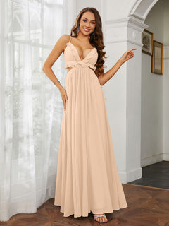 Spaghetti Strap Ruffled Chiffon Cutout Maxi Sexy Dress Peach