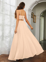 Spaghetti Strap Ruffled Chiffon Cutout Maxi Sexy Dress Peach