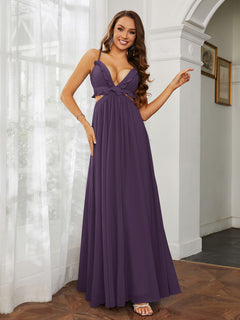 Spaghetti Strap Ruffled Chiffon Cutout Maxi Sexy Dress Plum