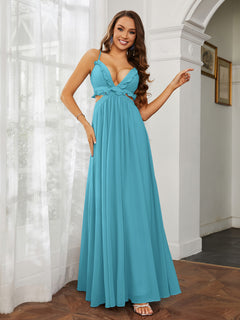 Spaghetti Strap Ruffled Chiffon Cutout Maxi Sexy Dress Pool