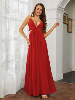 Spaghetti Strap Ruffled Chiffon Cutout Maxi Sexy Dress Red