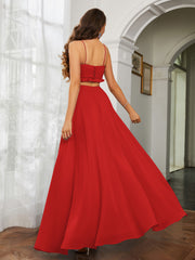 Spaghetti Strap Ruffled Chiffon Cutout Maxi Sexy Dress Red
