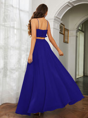 Spaghetti Strap Ruffled Chiffon Cutout Maxi Sexy Dress Royal Blue