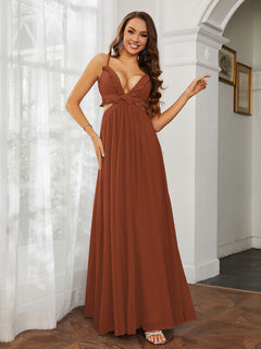 Spaghetti Strap Ruffled Chiffon Cutout Maxi Sexy Dress Rust