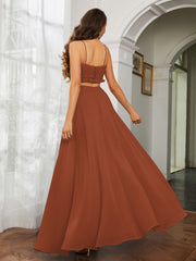 Spaghetti Strap Ruffled Chiffon Cutout Maxi Sexy Dress Rust