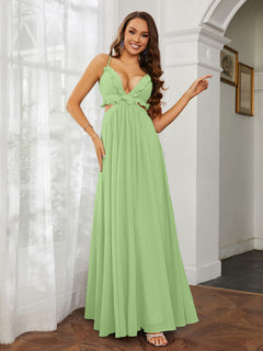 Spaghetti Strap Ruffled Chiffon Cutout Maxi Sexy Dress Sage