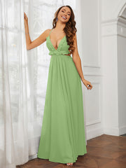 Spaghetti Strap Ruffled Chiffon Cutout Maxi Sexy Dress Sage