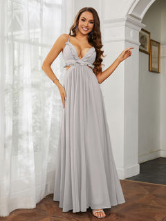 Spaghetti Strap Ruffled Chiffon Cutout Maxi Sexy Dress Silver