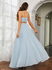 Spaghetti Strap Ruffled Chiffon Cutout Maxi Sexy Dress Sky Blue