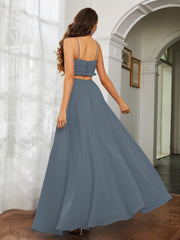 Spaghetti Strap Ruffled Chiffon Cutout Maxi Sexy Dress Slate Blue