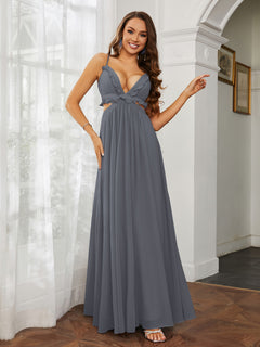 Spaghetti Strap Ruffled Chiffon Cutout Maxi Sexy Dress Steel Grey