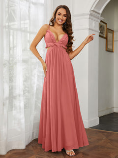 Spaghetti Strap Ruffled Chiffon Cutout Maxi Sexy Dress Sunset