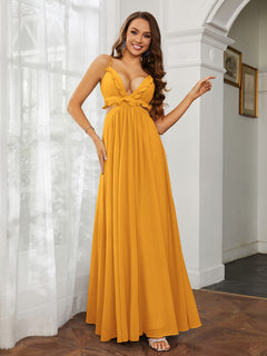 Spaghetti Strap Ruffled Chiffon Cutout Maxi Sexy Dress Tangerine