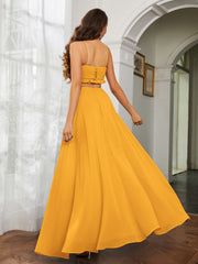 Spaghetti Strap Ruffled Chiffon Cutout Maxi Sexy Dress Tangerine