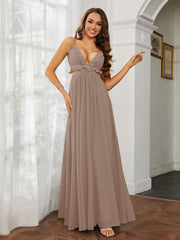 Spaghetti Strap Ruffled Chiffon Cutout Maxi Sexy Dress Taupe