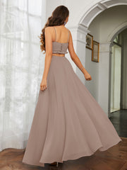 Spaghetti Strap Ruffled Chiffon Cutout Maxi Sexy Dress Taupe