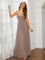Spaghetti Strap Ruffled Chiffon Cutout Maxi Sexy Dress Taupe