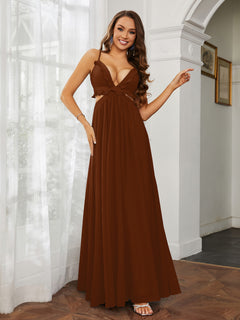 Spaghetti Strap Ruffled Chiffon Cutout Maxi Sexy Dress Terracotta