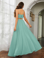 Spaghetti Strap Ruffled Chiffon Cutout Maxi Sexy Dress Turquoise