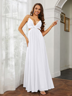 Spaghetti Strap Ruffled Chiffon Cutout Maxi Sexy Dress White