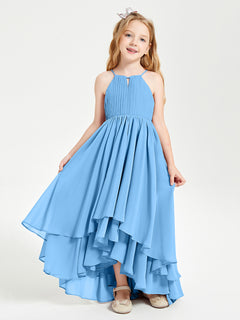 Chiffon Junior Bridesmaid Dresses Asymmetrical Cascading Skirt Blue