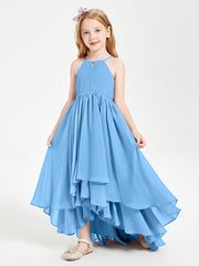 Chiffon Junior Bridesmaid Dresses Asymmetrical Cascading Skirt Blue
