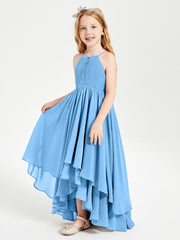 Chiffon Junior Bridesmaid Dresses Asymmetrical Cascading Skirt Blue