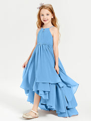 Chiffon Junior Bridesmaid Dresses Asymmetrical Cascading Skirt Blue