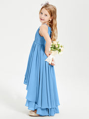 Chiffon Junior Bridesmaid Dresses Asymmetrical Cascading Skirt Blue