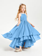 Chiffon Junior Bridesmaid Dresses Asymmetrical Cascading Skirt Blue