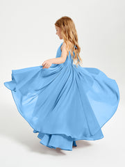 Chiffon Junior Bridesmaid Dresses Asymmetrical Cascading Skirt Blue