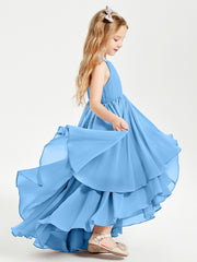 Chiffon Junior Bridesmaid Dresses Asymmetrical Cascading Skirt Blue