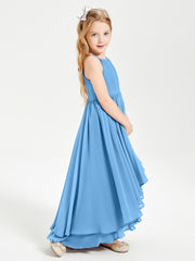 Chiffon Junior Bridesmaid Dresses Asymmetrical Cascading Skirt Blue