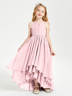 Chiffon Junior Bridesmaid Dresses Asymmetrical Cascading Skirt Blushing Pink