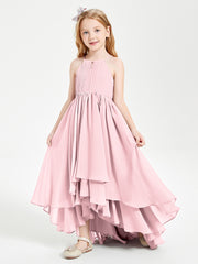 Chiffon Junior Bridesmaid Dresses Asymmetrical Cascading Skirt Blushing Pink