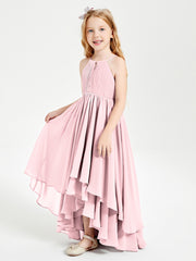 Chiffon Junior Bridesmaid Dresses Asymmetrical Cascading Skirt Blushing Pink