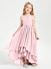 Chiffon Junior Bridesmaid Dresses Asymmetrical Cascading Skirt Blushing Pink