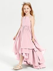 Chiffon Junior Bridesmaid Dresses Asymmetrical Cascading Skirt Blushing Pink
