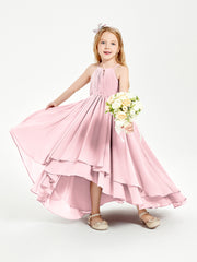 Chiffon Junior Bridesmaid Dresses Asymmetrical Cascading Skirt Blushing Pink