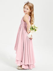 Chiffon Junior Bridesmaid Dresses Asymmetrical Cascading Skirt Blushing Pink