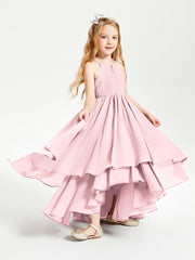 Chiffon Junior Bridesmaid Dresses Asymmetrical Cascading Skirt Blushing Pink